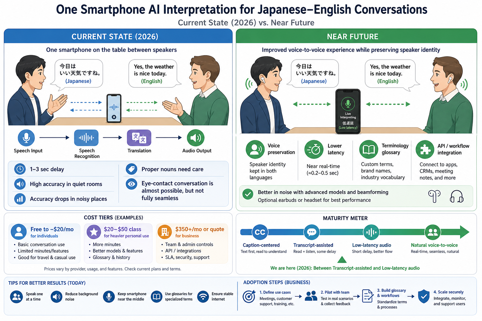 Infographic comparing Japanese-English face-to-face AI interpretation on a single smartphone: 2026 vs. near future